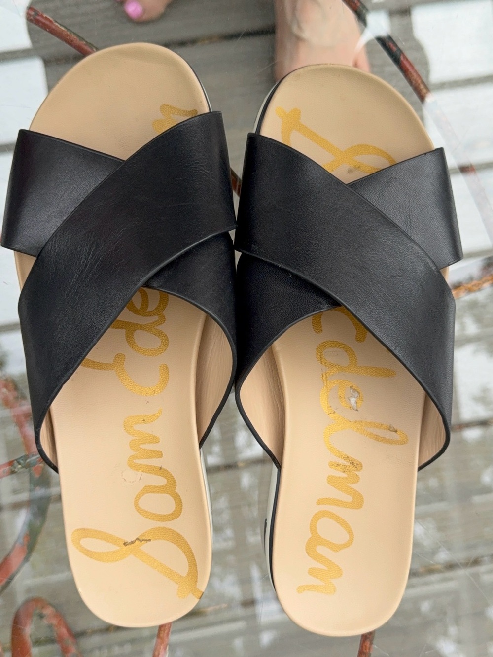 Sam Edelman Black Crisscross Slide Sandals with Beige Footbed